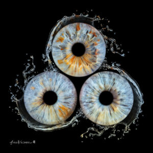 Iris-Collage mit drei Augen als individuelles Kunstwerk – professionelle Irisfotografie von Anna Waldherr