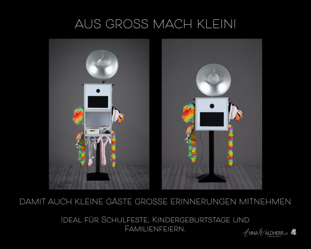 Fotobox für Kinder und Erwachsene – höhenverstellbare Fotobox für Schulfeste, Kindergeburtstage und Familienfeiern
