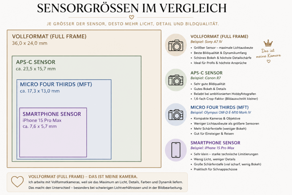 Vergleich der Sensorgrößen von Smartphone, Micro Four Thirds (Olympus), APS-C und Vollformat – Unterschiede in Bildqualität und Lichtleistung