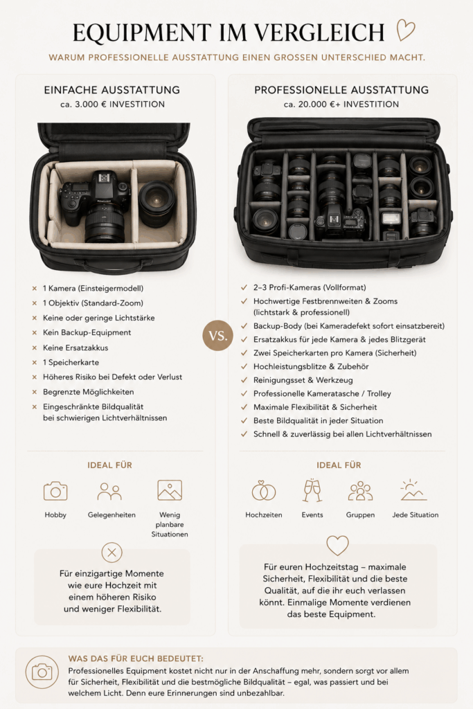 Vergleich zwischen einfacher Kameraausrüstung und professionellem Fotoequipment für Hochzeitsfotografen – Unterschied bei Kameras, Objektiven, Backup-Systemen und Sicherheit.