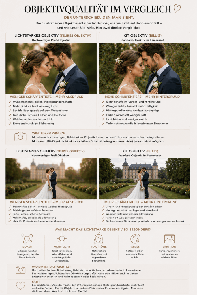 Vergleich zwischen lichtstarkem Profi-Objektiv und Kit-Objektiv in der Hochzeitsfotografie – Unterschied bei Bokeh, Hintergrundunschärfe, Licht und Bildqualität.