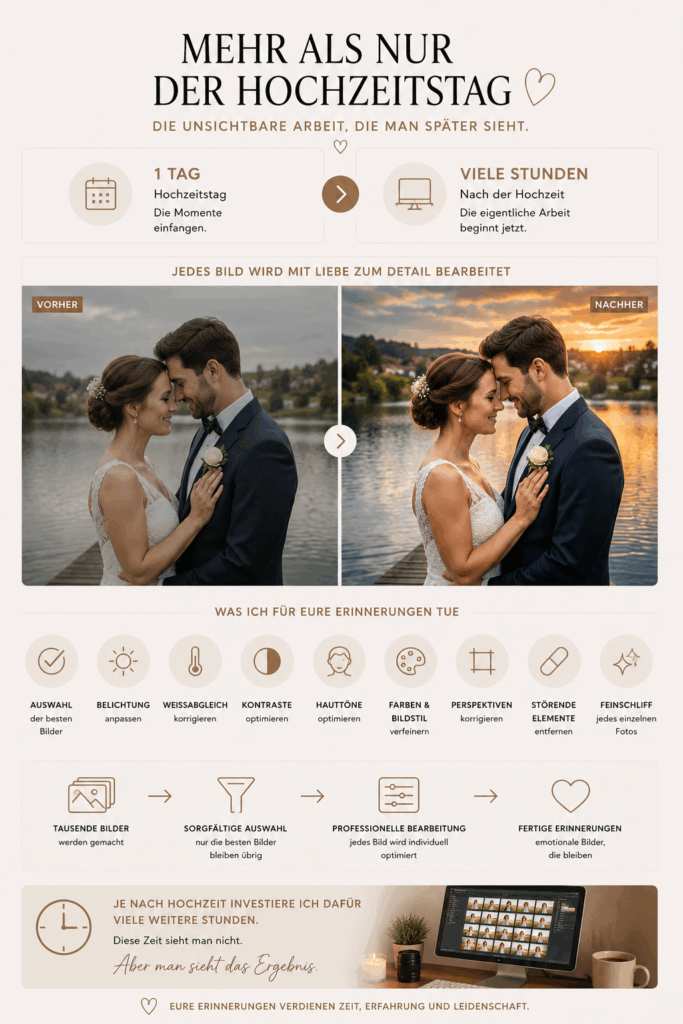 Vorher-Nachher-Vergleich einer professionellen Hochzeitsfotobearbeitung – zeigt den Unterschied durch Bildauswahl, Farbkorrektur, Belichtung, Hauttöne und Feinschliff nach der Hochzeit.