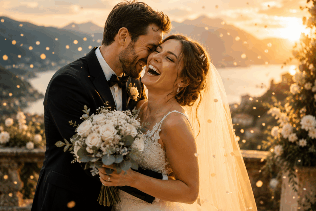 Glückliches Brautpaar bei Sonnenuntergang. Natürliche Hochzeitsfotografie voller Emotionen, Nähe und echter Freude. Das Bild zeigt, wie wichtig Vertrauen zwischen Brautpaar und Hochzeitsfotograf für authentische und emotionale Hochzeitsfotos ist.