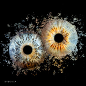 Iris-Collage mit drei Augen als individuelles Kunstwerk – professionelle Irisfotografie von Anna Waldherr